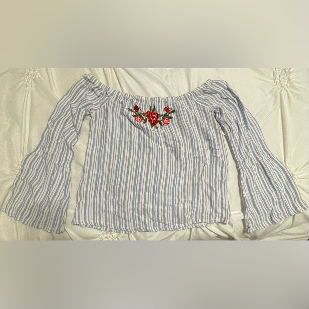 Blue and white striped off shoulder top